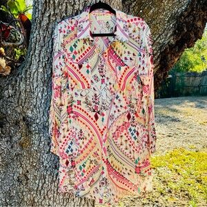 True Colours by La Moda-Viscose Silk midi shirt dress in cream pink + teal.M